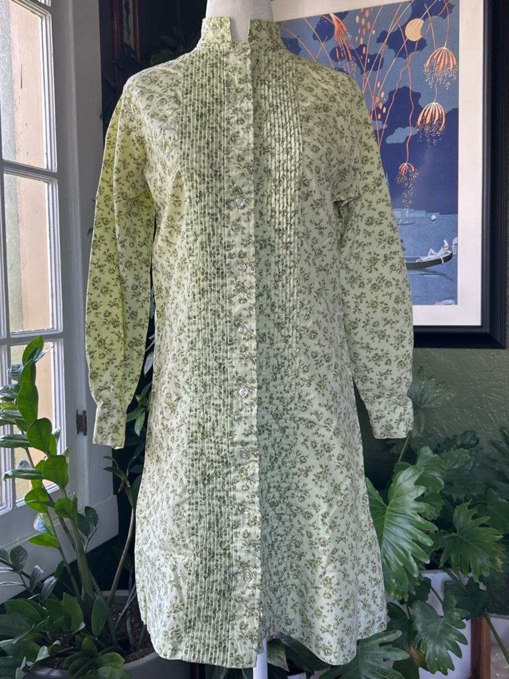 Vintage Light Green Floral Mini Dress